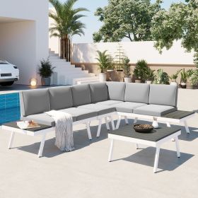 Industrial 5-Piece Aluminum Outdoor Patio Furniture Set, Modern Garden Sectional Sofa Set with End Tables