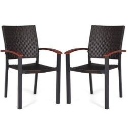 2 pcs Patio Dining Armchair Stackable Rattan Wicker Chairs