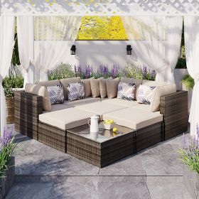 GO 8-piece Outdoor Wicker Sofa Set, Rattan Sofa Lounger, With Colorful Pillows, Conversation Sofa, For Patio, Garden, Deck, Brown Wicker