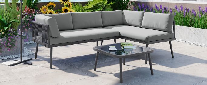 TOPMAX Modern Outdoor 3-Piece PE Rattan Sofa Set All Weather Patio Metal Sectional Furniture Set with Cushions and Glass Table for Backyard, Poolside