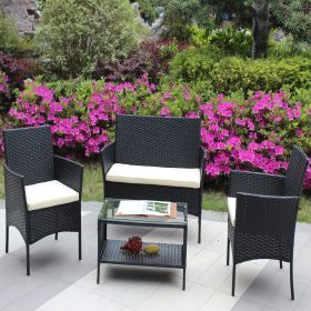 4 PC Rattan Patio Furniture Set Outdoor Patio Cushioned Seat Wicker Sofa (Beige Cushion) (Color: as Pic)