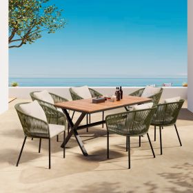 GO 7 Pieces Patio Dining Set, All-Weather Outdoor Furniture Set with Dining Table and Chairs, Acacia Wood Tabletop, Metal Frame, for for Garden (Color: as Pic)