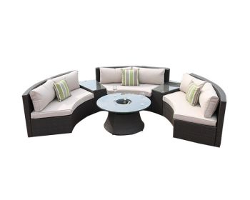 Direct Wicker Outdoor Furniture Half-Moon Wicker Sofa Set with Coffee Table (Color: Dark Color)