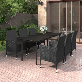 7 Piece Patio Dining Set with Cushions Poly Rattan and Glass (Color: Black)