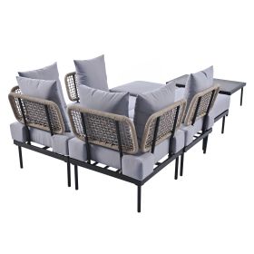 TREXM 8-Piece Patio Sectional Sofa Set with Tempered Glass Coffee Table and Wooden Coffee Table for Outdoor Oasis, Garden (Color: as Pic)