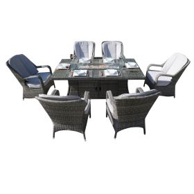 Direct Wicker 7-Piece Patio Wicker Gas Fire Pit Set Rectangular Table With Arm Chairs (Color: Gray)